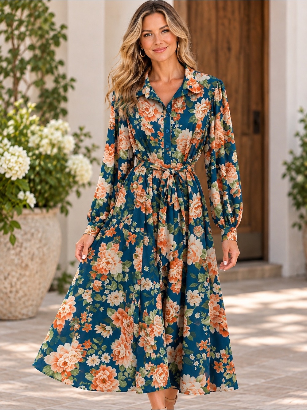 Flying Tomato Teal Floral Tie-Waist Maxi Dress